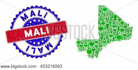 Vector Collage Of Wine Mali Map And Grunge Bicolor Mali Stamp. Red And Blue Bicolored Stamp With Rub