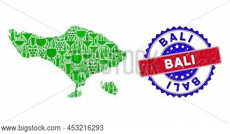 Vector Collage Of Wine Bali Map And Grunge Bicolor Bali Stamp. Red And Blue Bicolored Stamp With Unc