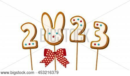 Gingerbread Cookie Numerals 2023 And Bunny On Sticks In Cartoon Style. Sweet Biscuit Number And Rabb