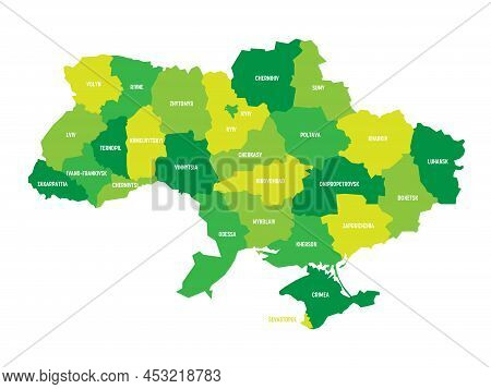 Green Political Map Of Ukraine. Administrative Divisions - Oblasts. Simple Flat Vector Map With Labe