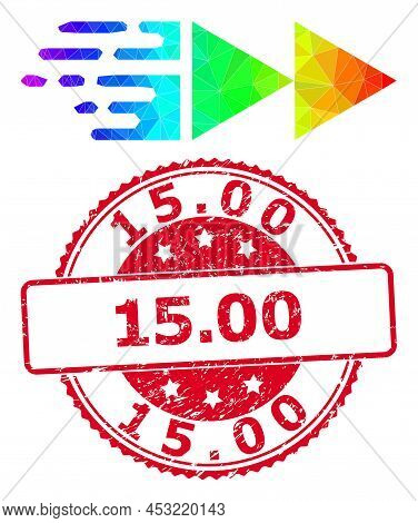 Red Round Textured 15.00 Stamp Seal And Lowpoly Move Icon With Spectrum Colorful Gradient. Triangula