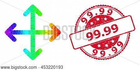 Red Round Grunge 99.99 Stamp And Lowpoly Expand Arrows Icon With Spectrum Colored Gradient. Triangul
