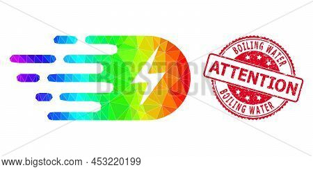 Red Round Unclean Boiling Water Attention Stamp And Low-poly Electricity Icon With Spectrum Colored 
