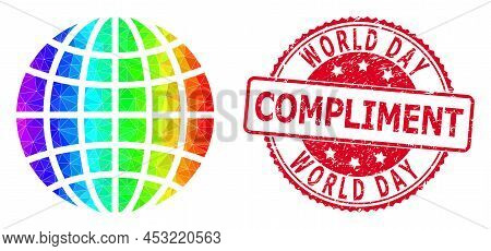 Red Round Dirty World Day Compliment Seal And Lowpoly Globe Icon With Spectrum Vibrant Gradient. Tri