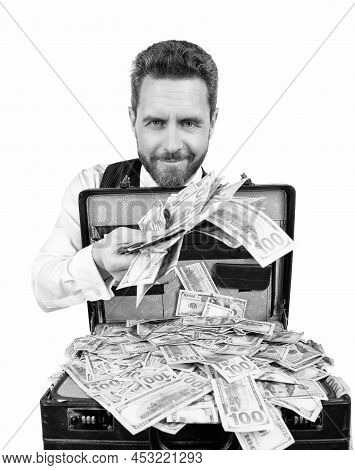Smiling Businessman With Money Case. Investor Hold Case With Dollars Cash