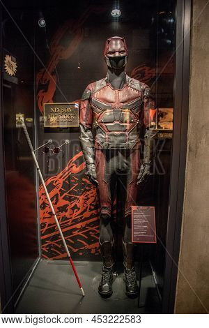 Chicago, Il May 1, 2021, Daredevil Costume, Cane And Glasses From The Daredevil Tv Series, On Displa