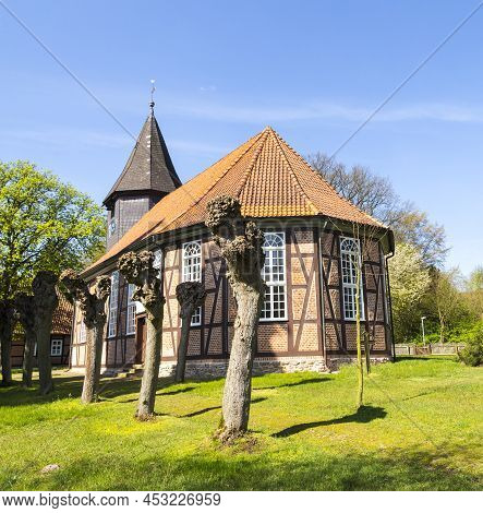 Ostenholz, Germany - April 12, 2014: Famous Old Church In Ostenholz, Germany. The Timber Framed Chur