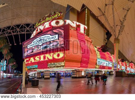 Las Vegas, Usa - March 11, 2019: Casino Fremont With Neon Advertising By Night In Fremont Street Exp