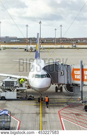 Berlin, Germany - February 7, 2022: Airfield With Lufthansa Aircraft And View To Runway At Willy Bra