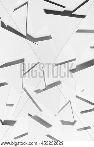 White Simple Geometric Background With Triangles In Hard Light With Dark Shadows As Chaos Energy Pat