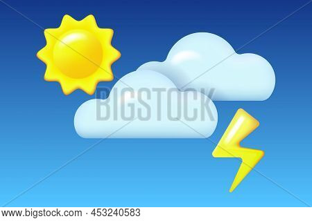 Day Sky. 3d Blue Clouds, Yellow Sun And Lightning. Realistic Icons For Weather Forecast
