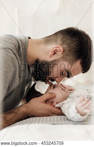 Portrait Of Happy Young Arab Dad Holding His Little Daughter On Hands. Portrait Of Happy Middle East
