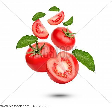 Fresh Tomatoes With Leaves Isolsted On White Background