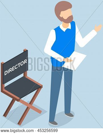 Man Screenwriter Director. Filming Process, Movie Making, Film Shooting Concept. Cinema Or Theatre W