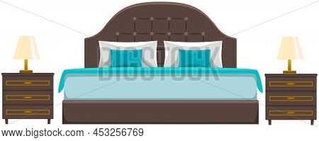Double Wooden Bed In Flat Design For Bedroom, Hotel Room. Cartoon Furniture Icon Isolated On White B