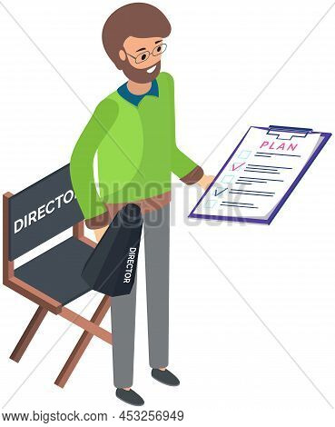 Man Screenwriter Holding Megaphone. Filming Process, Movie Making, Film Shooting Concept. Cinema Or 