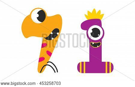 Cute Monster Numbers. 7, 1 Number In Shape Of Funny One Eyed Colorful Monster Cartoon Vector Illustr