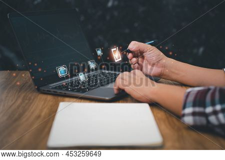 Man Select The Best Choose Of Business Work Of Icon Concept, Man Use Laptop Working In Office And No