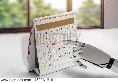 The Robot Is Taking Notes On The Calendar. Appointment For The Calendar And The Organizer's Agenda T