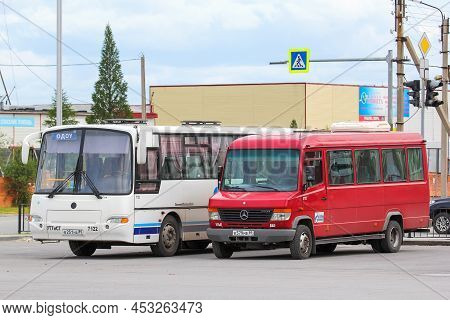 Novyy Urengoy, Russia - June 26, 2020: Suburban Buses Mercedes-benz O814 Vario And Kavz 4238 Avrora 