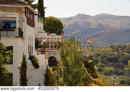 Ronda. Andalusia. Spain. Town On The Rocks, White Traditional Houses Over The Cliff. Serrania De Ron