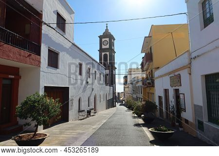 Guimar, Tenerife, Canary Islands, Spain, March 8, 2022: Side Street And Bell Tower Of The Church Of 
