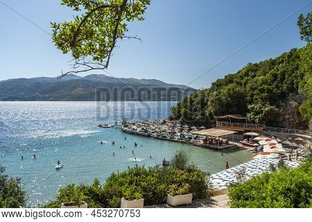 Sarande, Albania - July 2019: View Of Pema E Thate(the Dried Tree) Beach.