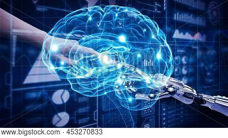 3d Illustration For Co-operation Between Human And Robots Inside Machine Brain, Artificial Intellige