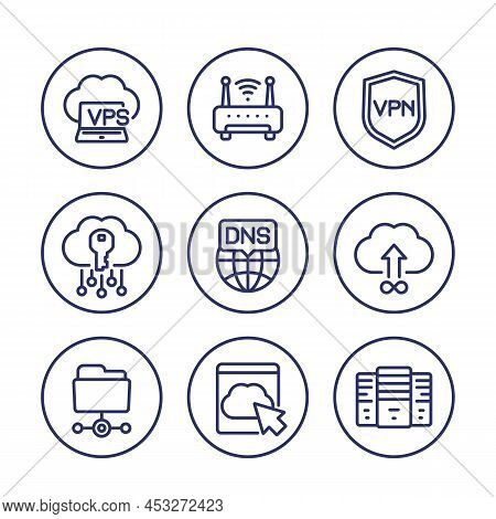 Hosting, Dns And Vpn Line Icons Set On White