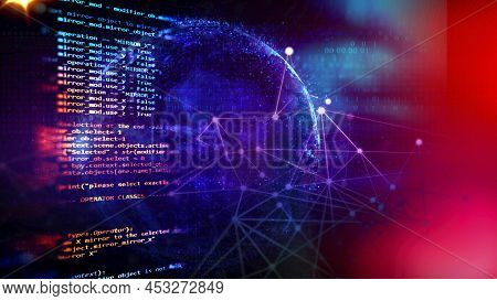 Lines Of Code Processing Data On Cyber Security, Globe With Zero One And Programming Code, Cloud Com