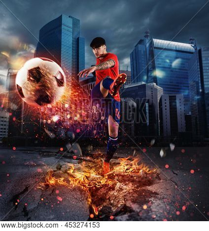 Powerful Kick Of A Soccer Player With Fiery Ball