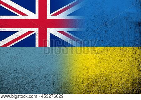 The Ellice Islands Tuvalu National Flag With National Flag Of Ukraine. Grunge Background