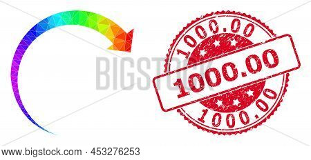 Red Round Corroded 1000.00 Stamp Seal And Lowpoly Rotate Forward Icon With Spectral Colored Gradient