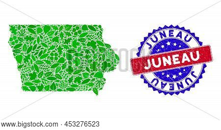 Eco Iowa State Map Collage Of Herbal Leaves In Green Color Hues And Grunge Bicolor Juneau Seal Stamp
