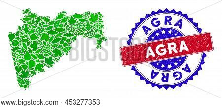 Eco Maharashtra State Map Collage Of Herbal Leaves In Green Color Hues And Grunge Bicolor Agra Stamp