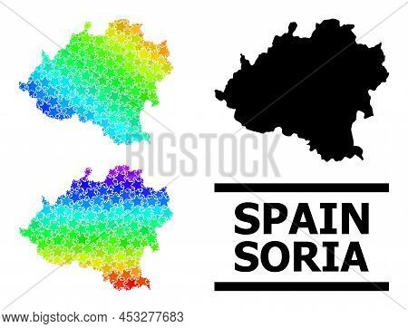 Rainbow Gradient Starred Collage Map Of Soria Province. Vector Colorful Map Of Soria Province With S