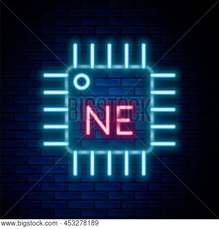 Glowing Neon Line Computer Processor With Microcircuits Cpu Icon Isolated On Brick Wall Background. 