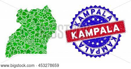 Ecology Uganda Map Collage Of Plant Leaves In Green Color Shades And Grunge Bicolor Kampala Seal Sta