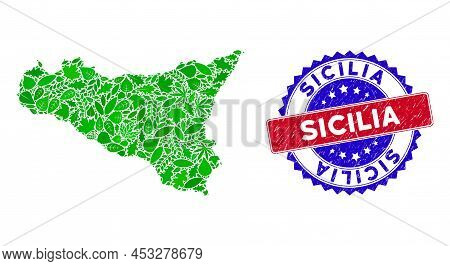 Ecology Sicilia Map Collage Of Plant Leaves In Green Color Tinges With Grunge Bicolor Sicilia Stamp.