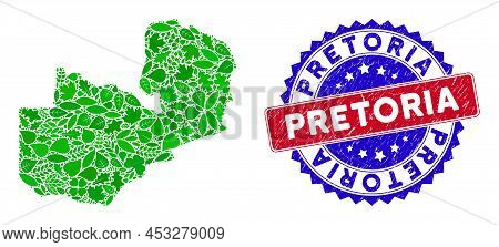 Ecology Zambia Map Collage Of Floral Leaves In Green Color Variations And Grunge Bicolor Pretoria Se