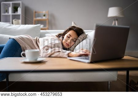 Online Home Computer Video Conference. Bored Student Woman
