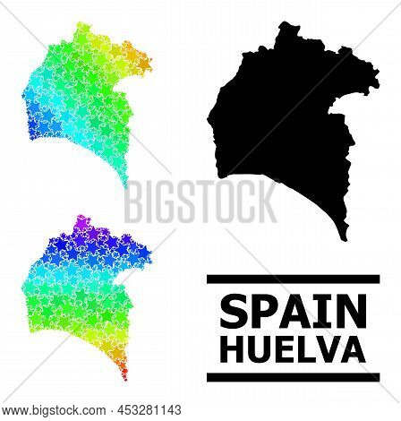 Rainbow Gradient Star Collage Map Of Huelva Province. Vector Colorful Map Of Huelva Province With Ra