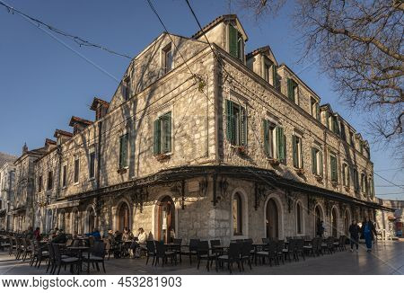 Trebinje, Bosnia And Herzegovina, March 2022 - A Cafe Bar On The Town Square In The City Of Trebinje