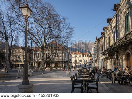 Trebinje, Bosnia And Herzegovina, March 2022 - A Cafe Bar On The Town Square In The City Of Trebinje