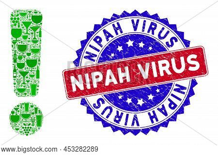 Vector Exclamation Sign Icon Wine Mosaic And Grunge Bicolor Nipah Virus Stamp. Red And Blue Bicolore