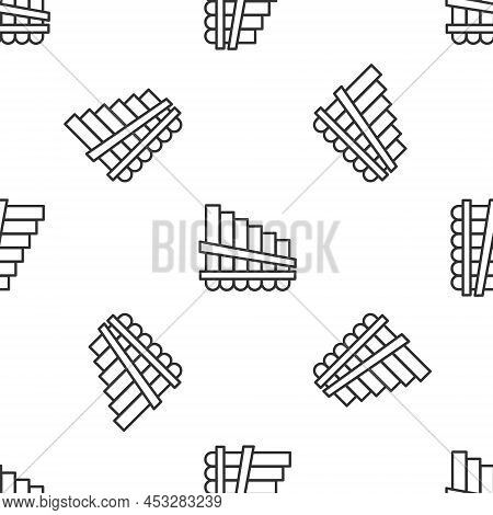 Grey Line Pan Flute Icon Isolated Seamless Pattern On White Background. Traditional Peruvian Musical