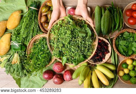 Organic Southeast Asian Vegetables And Fruits From Local Farmer Market In Summer Season, Northern Of