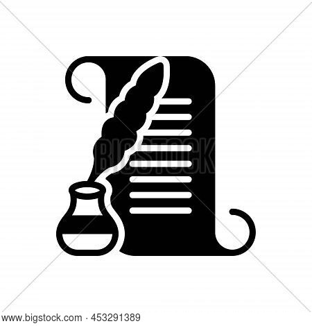 Black Solid Icon For Chronicles Memorials Saga History Fasti Narration Scroll Manuscript Quill Antiq