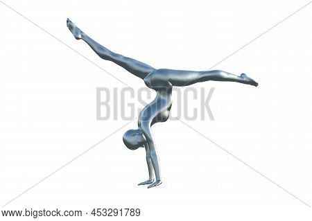 3d Render Of A Silver Bald Female Gymnast On A White Background Doing A Handstand.