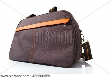 The Brown Duffle Bag On White Background.